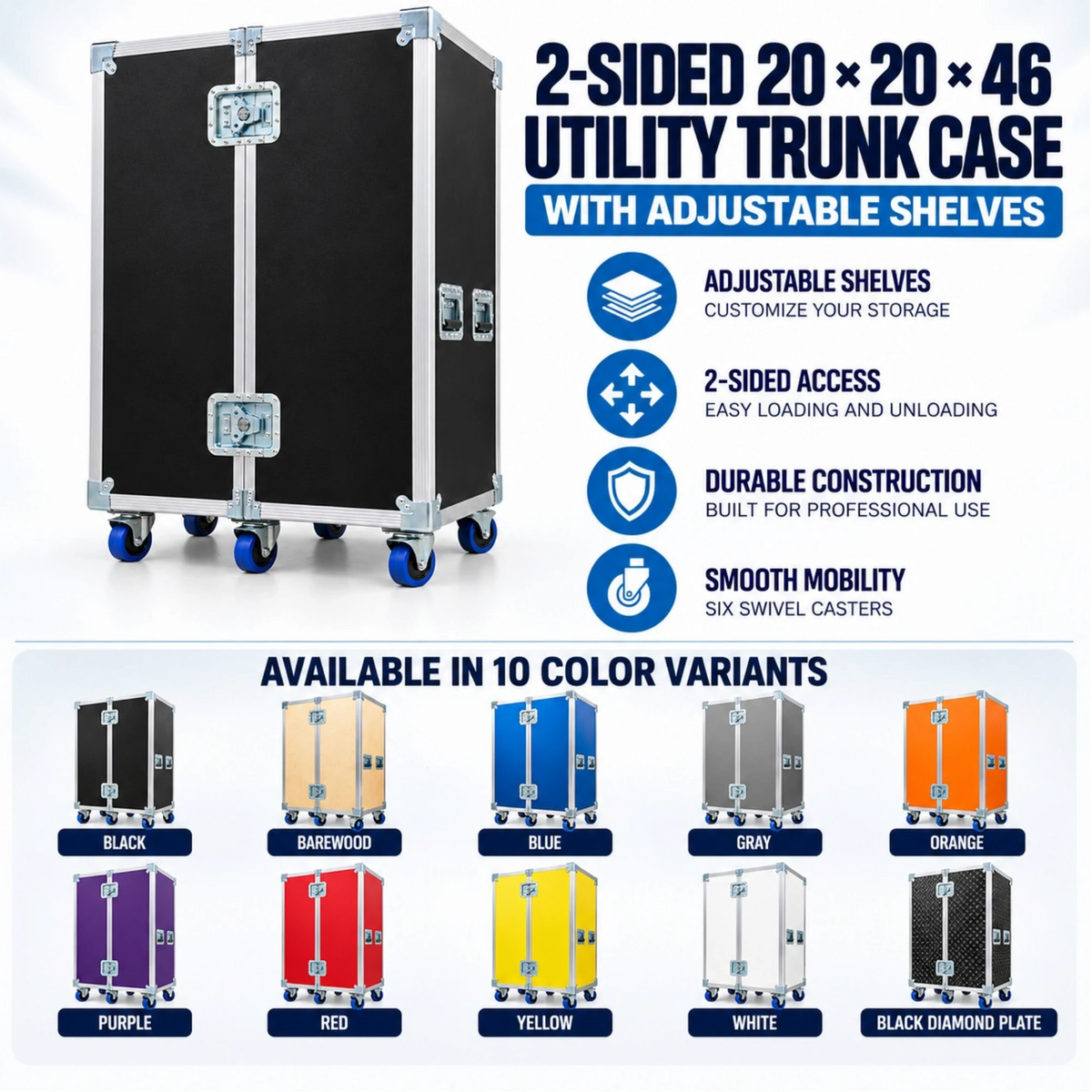 2-sided 20x20x46 utility trunk case infographic showing adjustable shelves, 2-sided access, and 10 color options