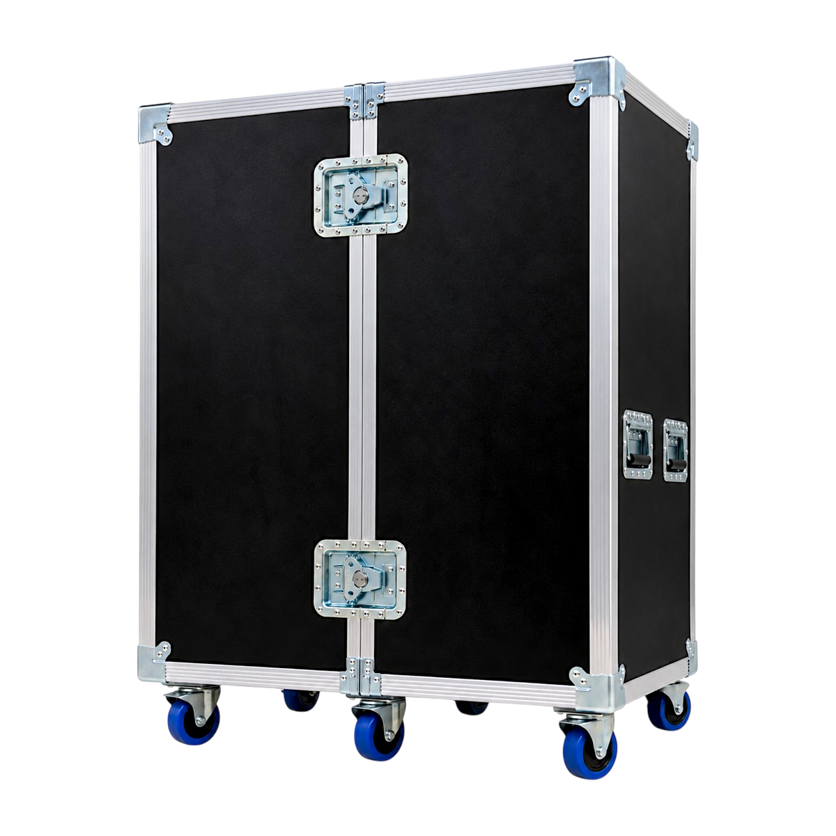 Black 2-Sided 20x20x46 Utility Trunk Case with Adjustable Shelves, closed angled view with twist latches and casters
