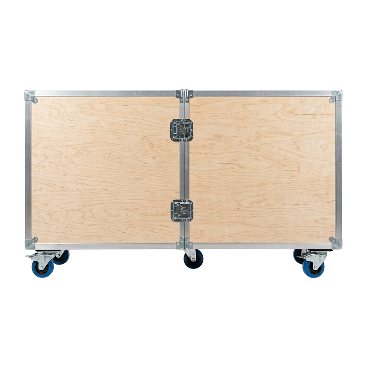 Natural wood 2-sided drum ATA case, closed front view showing twist latches and blue casters