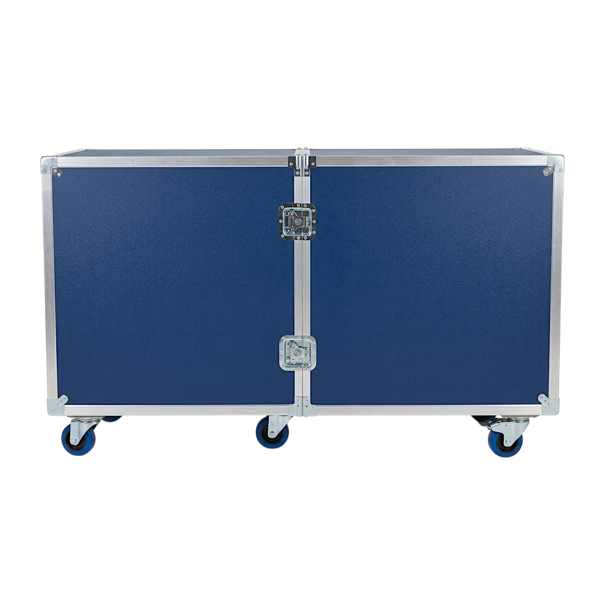 Blue 2-sided drum ATA case, closed front view showing twist latches and blue casters