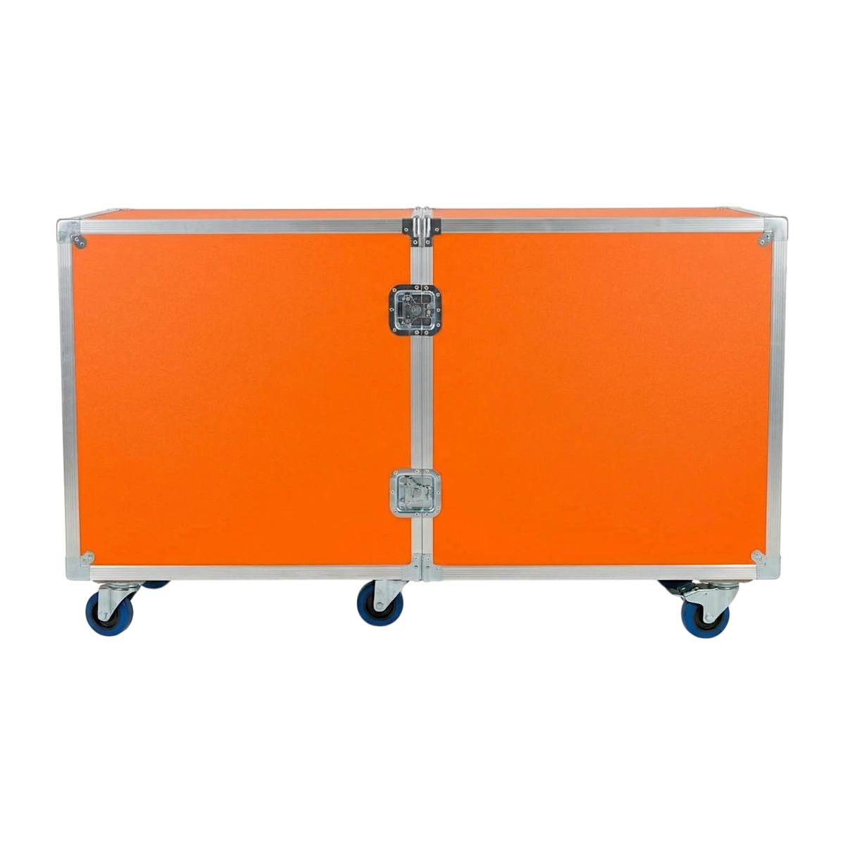 Orange 2-sided drum ATA case, closed front view showing twist latches and blue casters