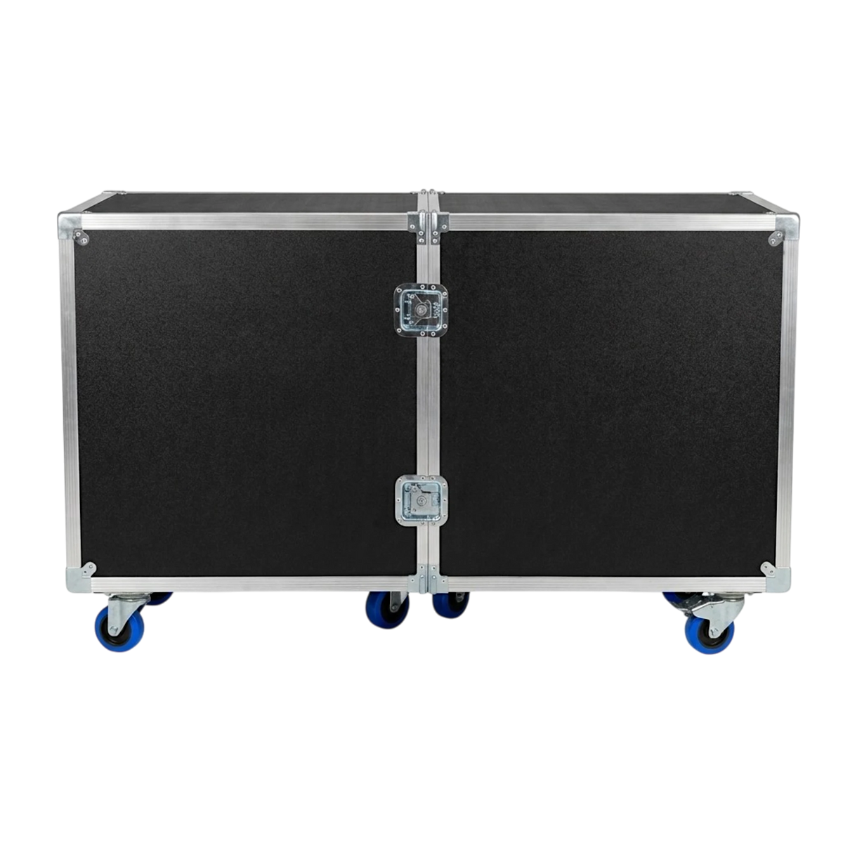 Black 2-sided drum ATA case, closed front view showing twist latches, center seam, and blue casters
