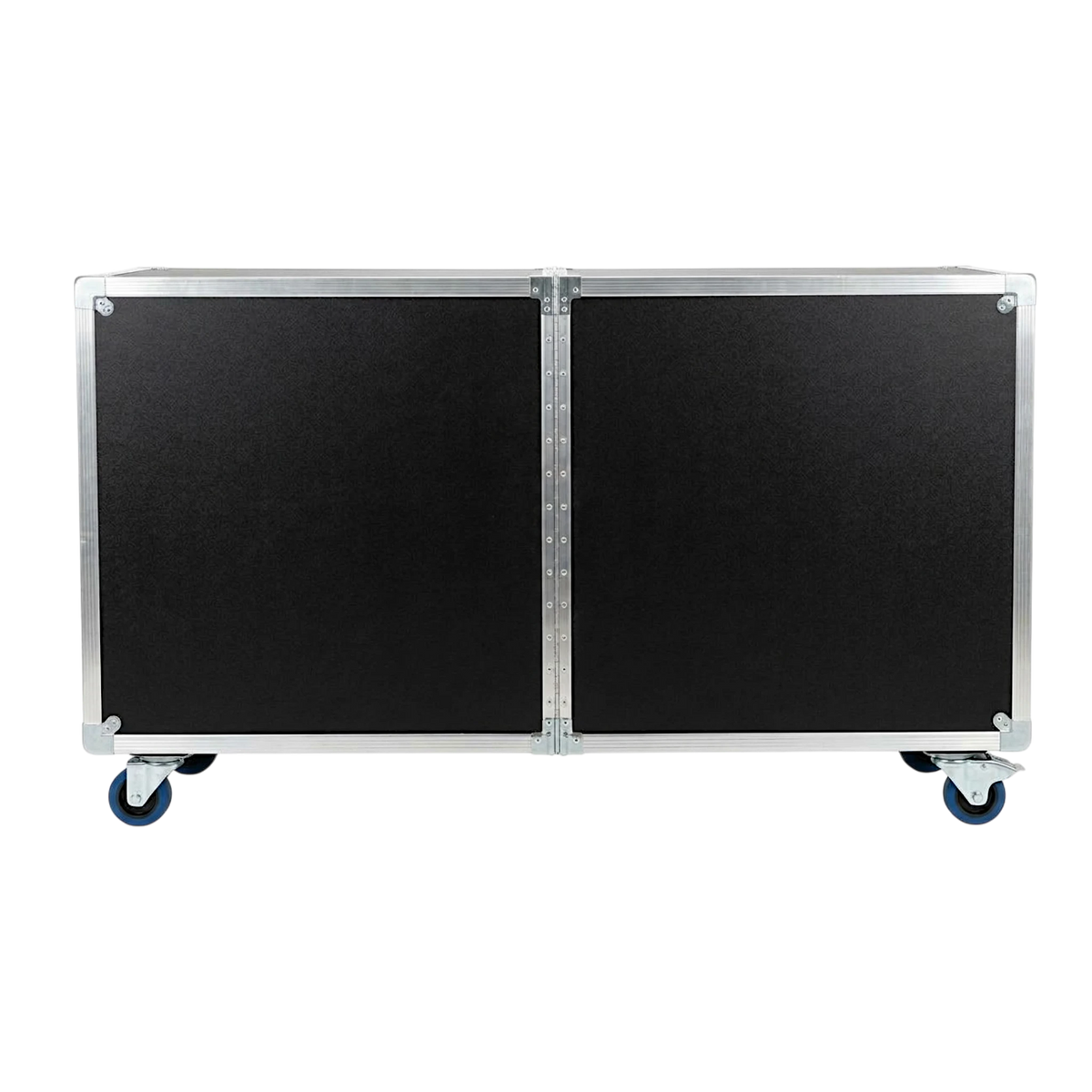 Black 2-sided drum ATA case, closed back view showing heavy-duty continuous piano hinges and blue wheels