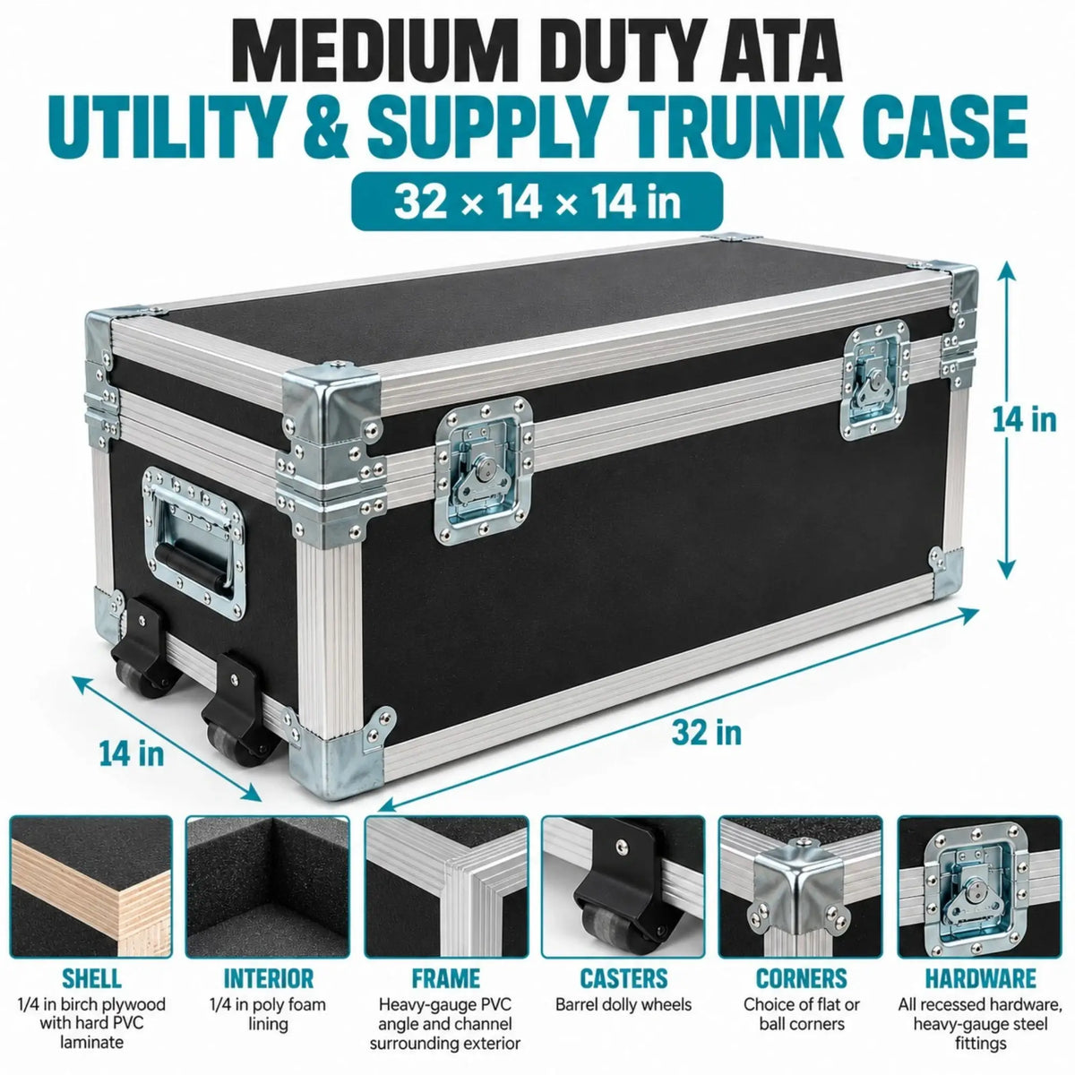 Black 32" x 14" x 14" Medium Duty ATA Utility & Supply Trunk Case w/ Dolly Wheels dimension and feature breakdown infographic