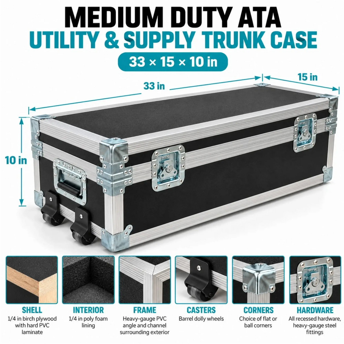 Black 33" x 15" x 10" Medium Duty ATA Utility & Supply Trunk Case w/ Dolly Wheels dimension and feature breakdown infographic