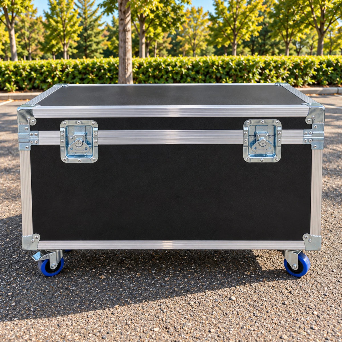 Black equipment supply ATA trunk, closed front view showing recessed twist latches, aluminum trim, and wheels