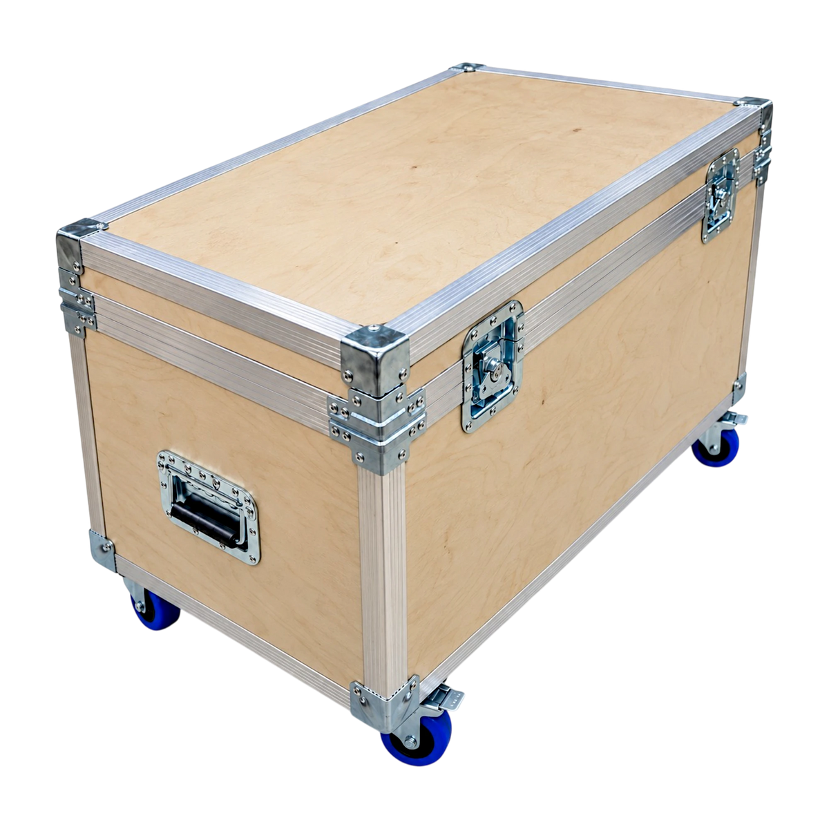 Bare wood equipment supply ATA trunk, closed angled view showing recessed latches, handles, and blue casters