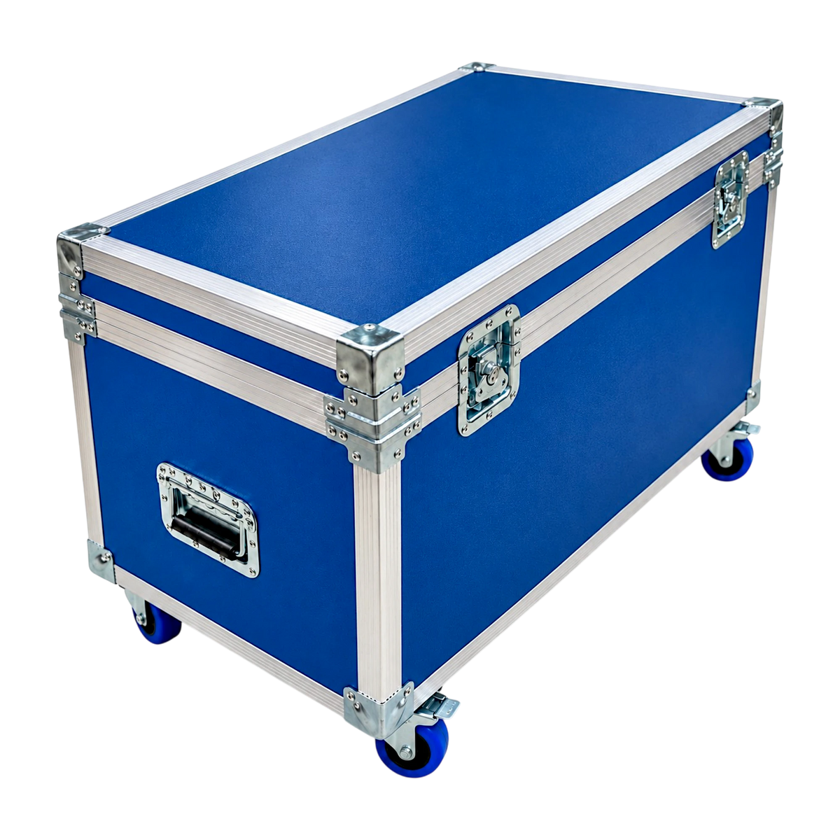 Blue equipment supply ATA trunk, closed angled view showing recessed latches, handles, and blue casters