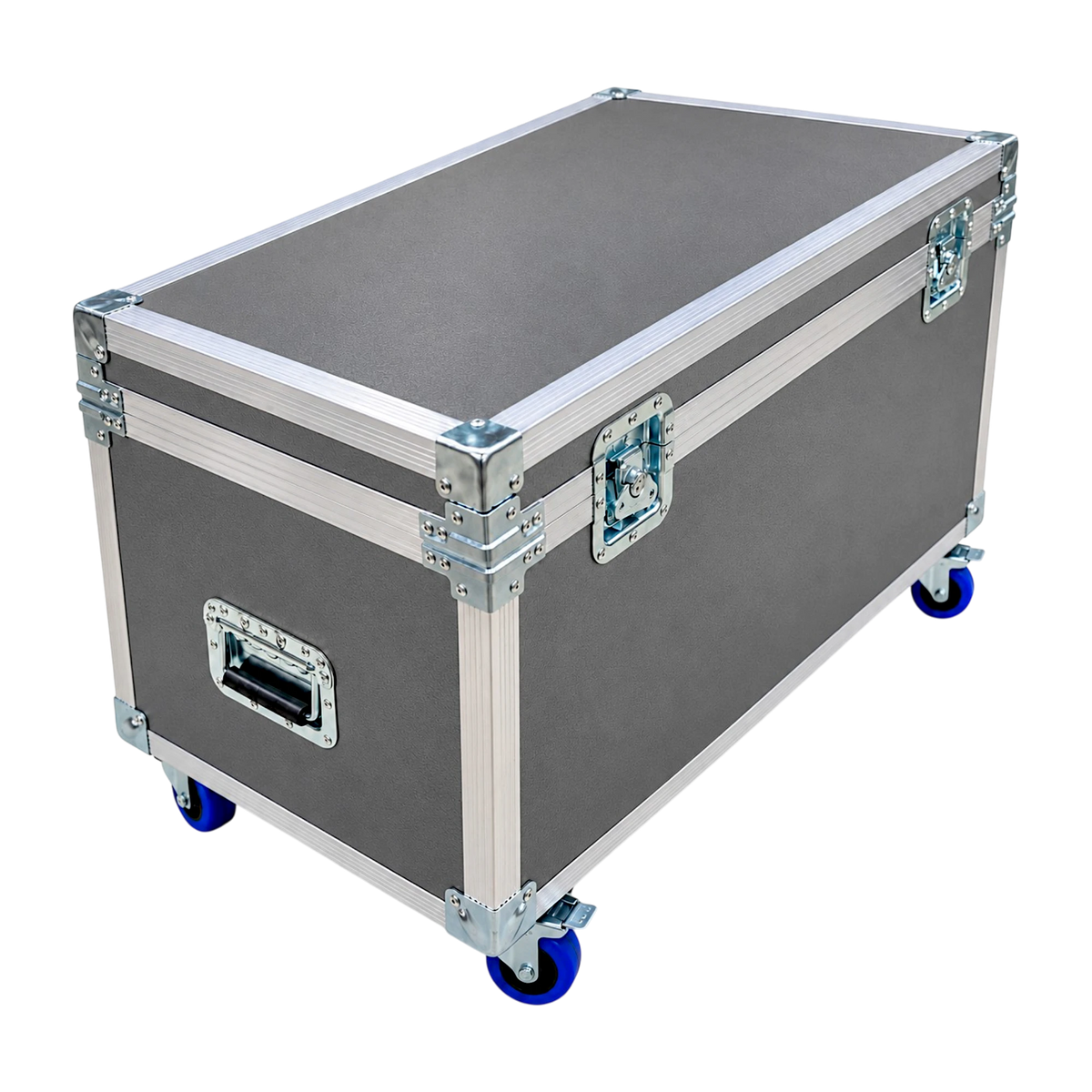 Gray equipment supply ATA trunk, closed angled view showing recessed latches, handles, and blue casters