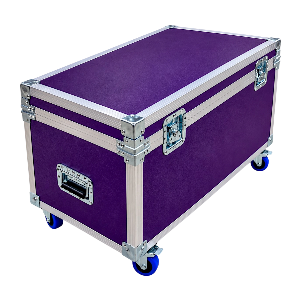Purple equipment supply ATA trunk, closed angled view showing recessed latches, handles, and blue casters
