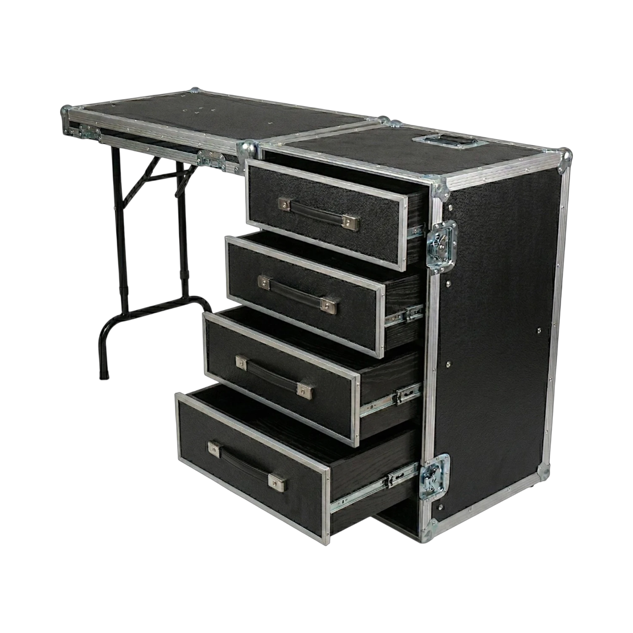 4 Drawer ATA Mobile Workstation With Dolly Wheels, open drawers and workstation