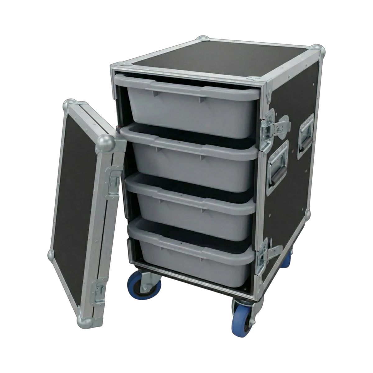 Black 4 Small Tub Drawer ATA Case 3/8" Ply With Wheels, interior showing tub drawer storage