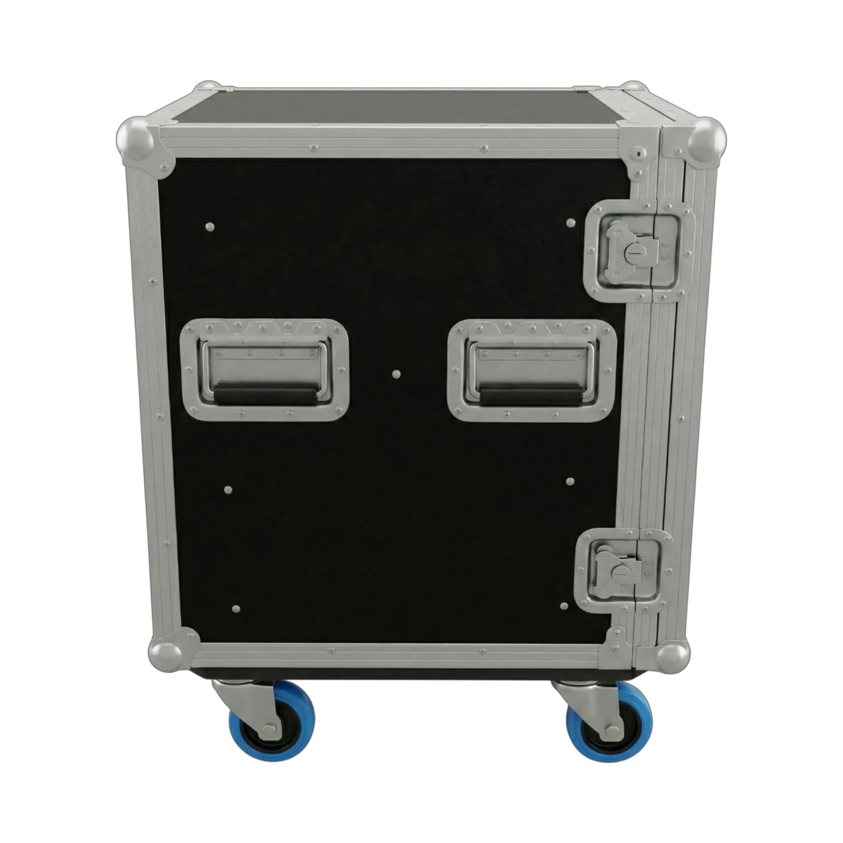 Black 4 Small Tub Drawer ATA Case 3/8" Ply With Wheels, left side showing handles and latches