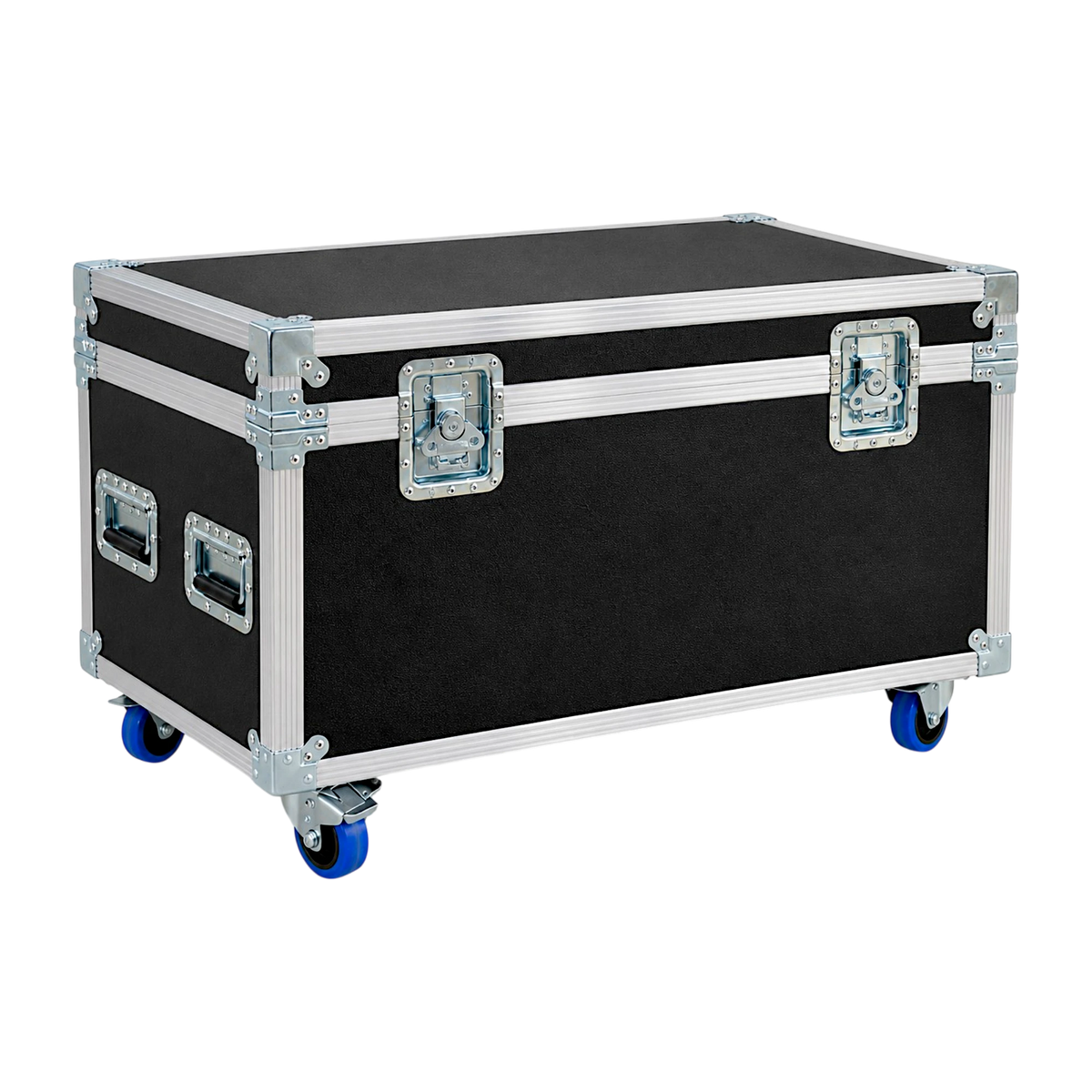 Black 48" x 22" Jumbo ATA Cable Trunk 20" High with Wheels, closed angled view showing recessed latches and blue casters