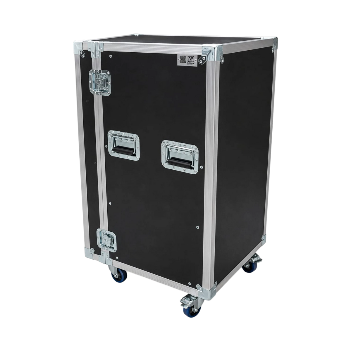Black ATA work case, angled closed view showing recessed handles, latches, and caster wheels