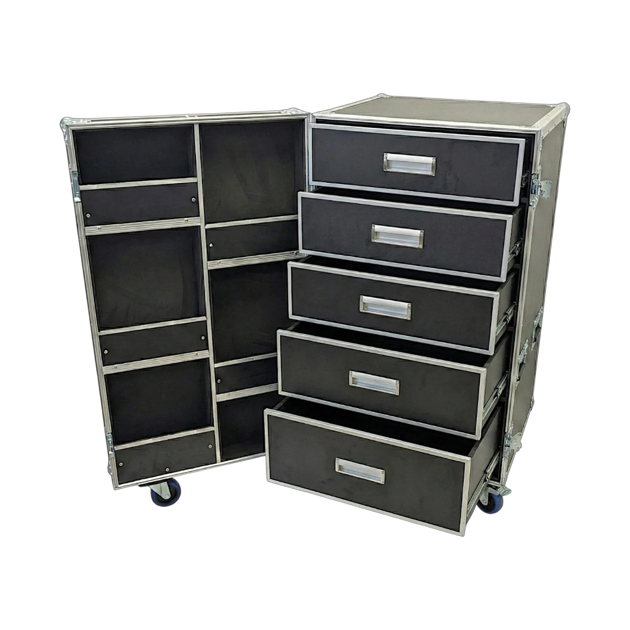 5 Drawer ATA Work Case with Door Shelving, open showing drawers and shelves