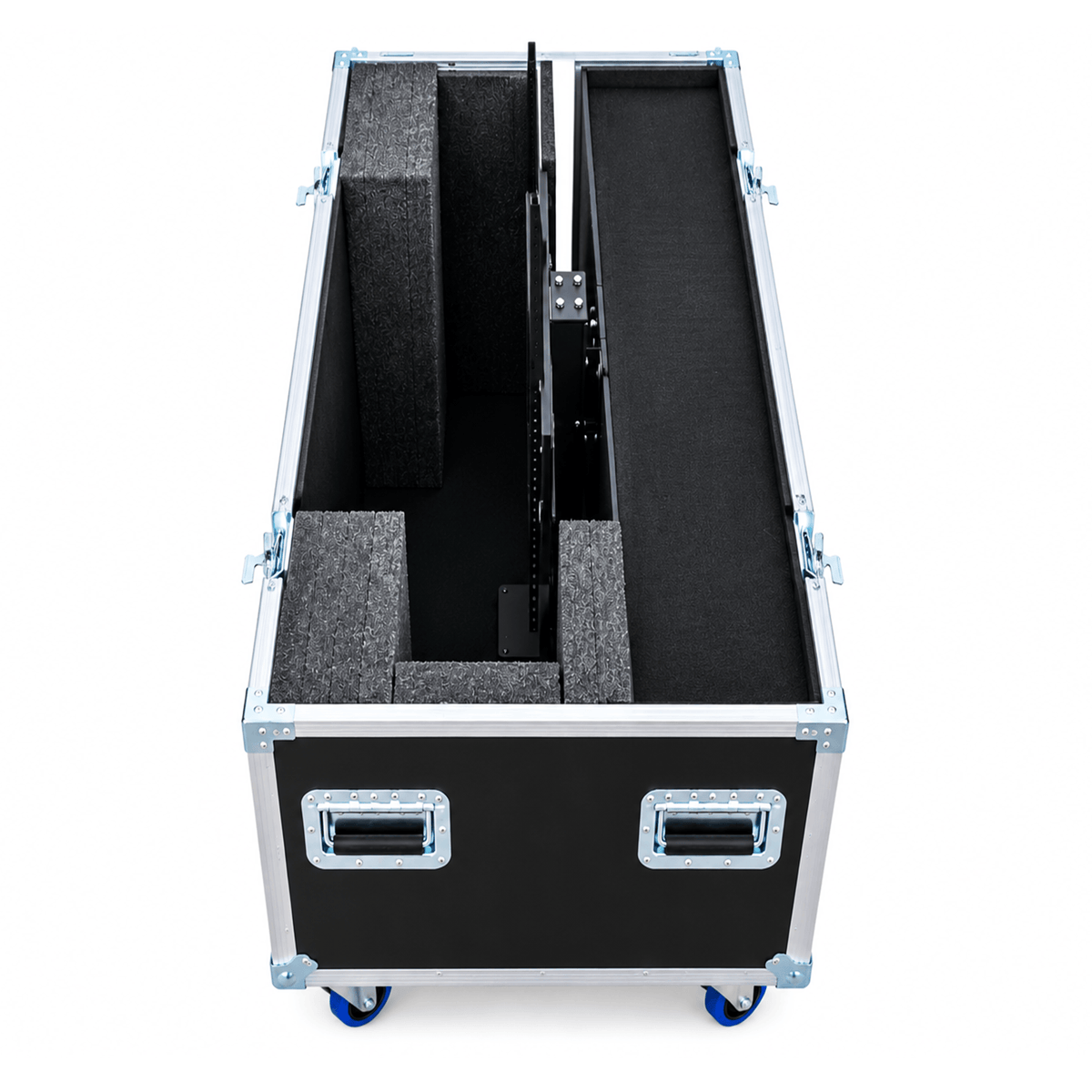 Black 51"-60" TV ATA case with electric lift, open side view showing custom foam lining and TV mount bracket