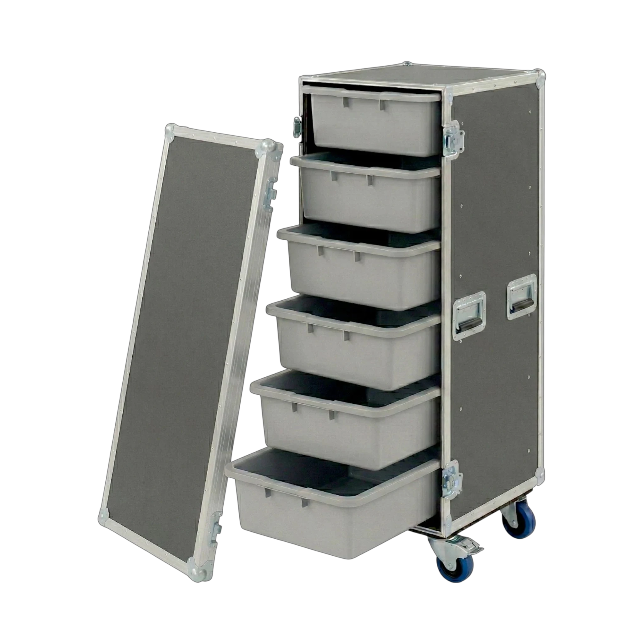 Gray 6 Large Tub Drawer ATA Case 3/8" Ply With Wheels, open view showing tub drawers
