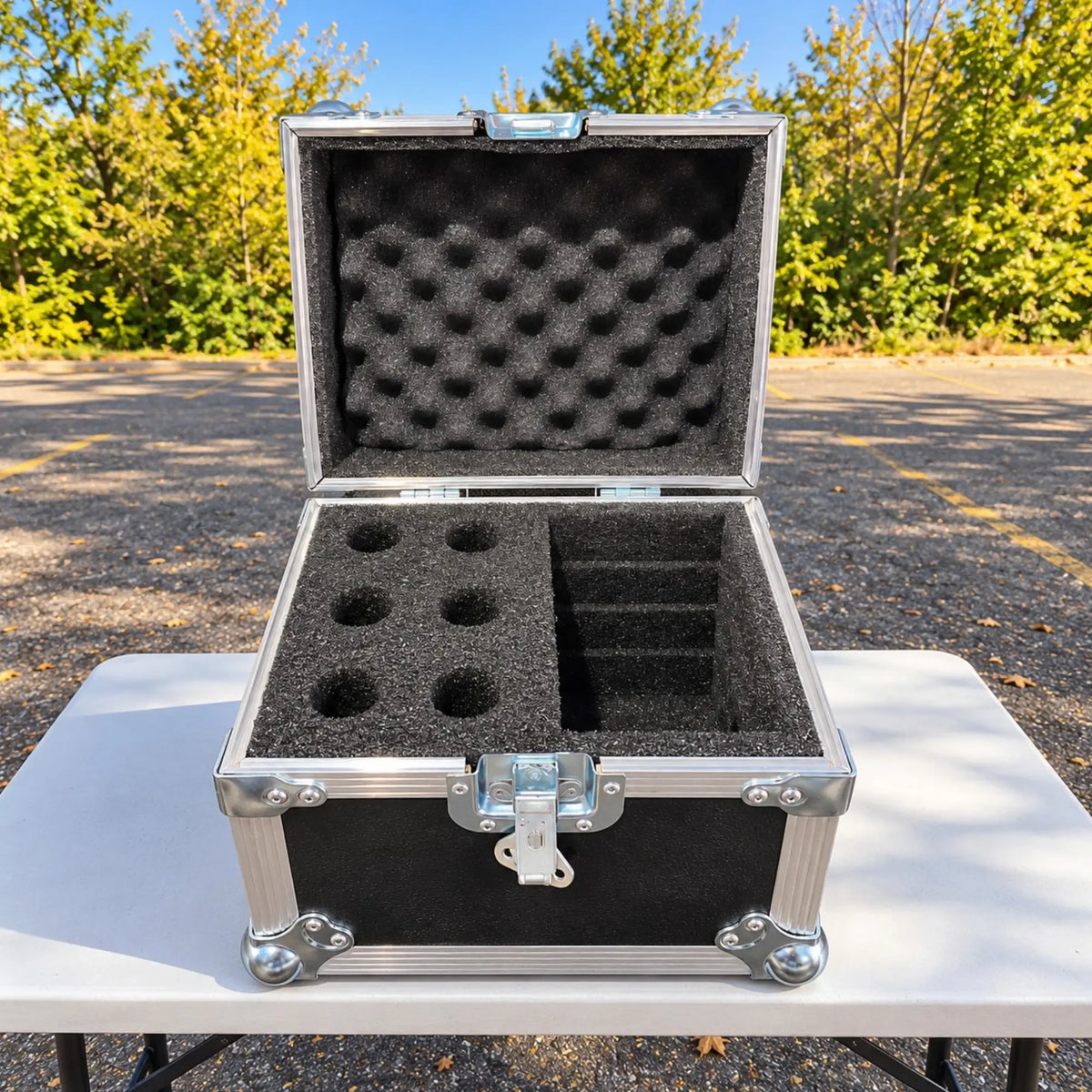 Black 6 microphone ATA case, open front view showing custom foam insert cutouts and accessory wire compartment