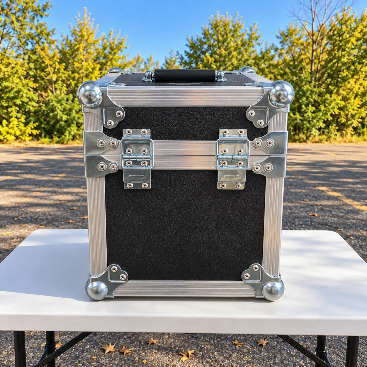 Black 6 microphone ATA case, closed back view showing dual stop hinges and heavy-duty ball corners