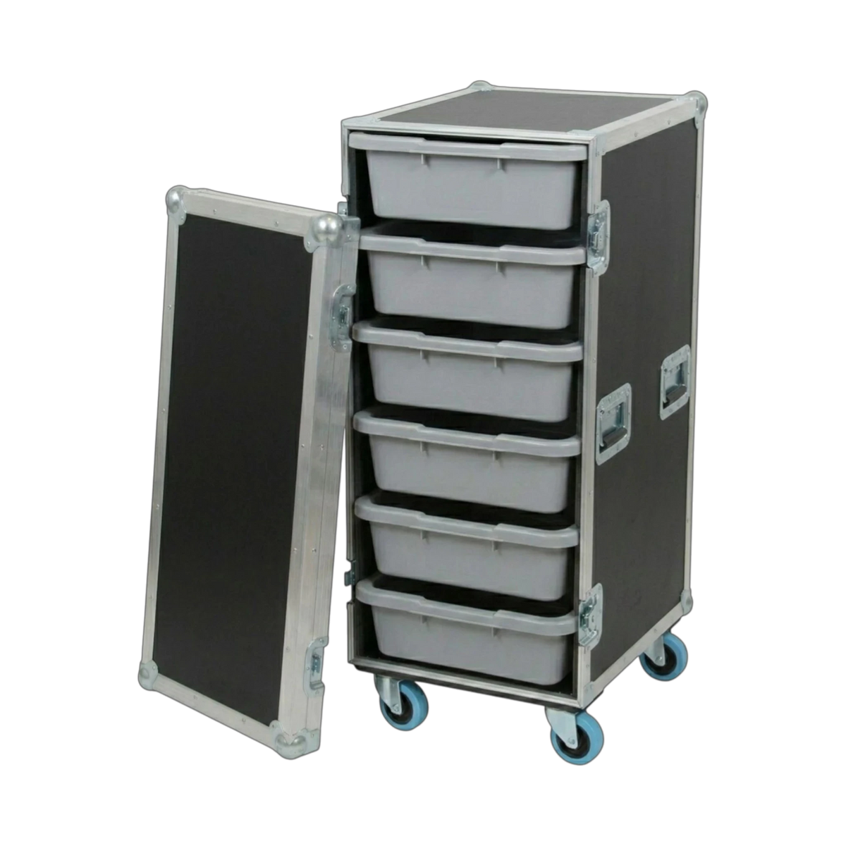 Black 6 Small Tub Drawer ATA Case 3/8" Ply With Wheels, open view showing tub drawers