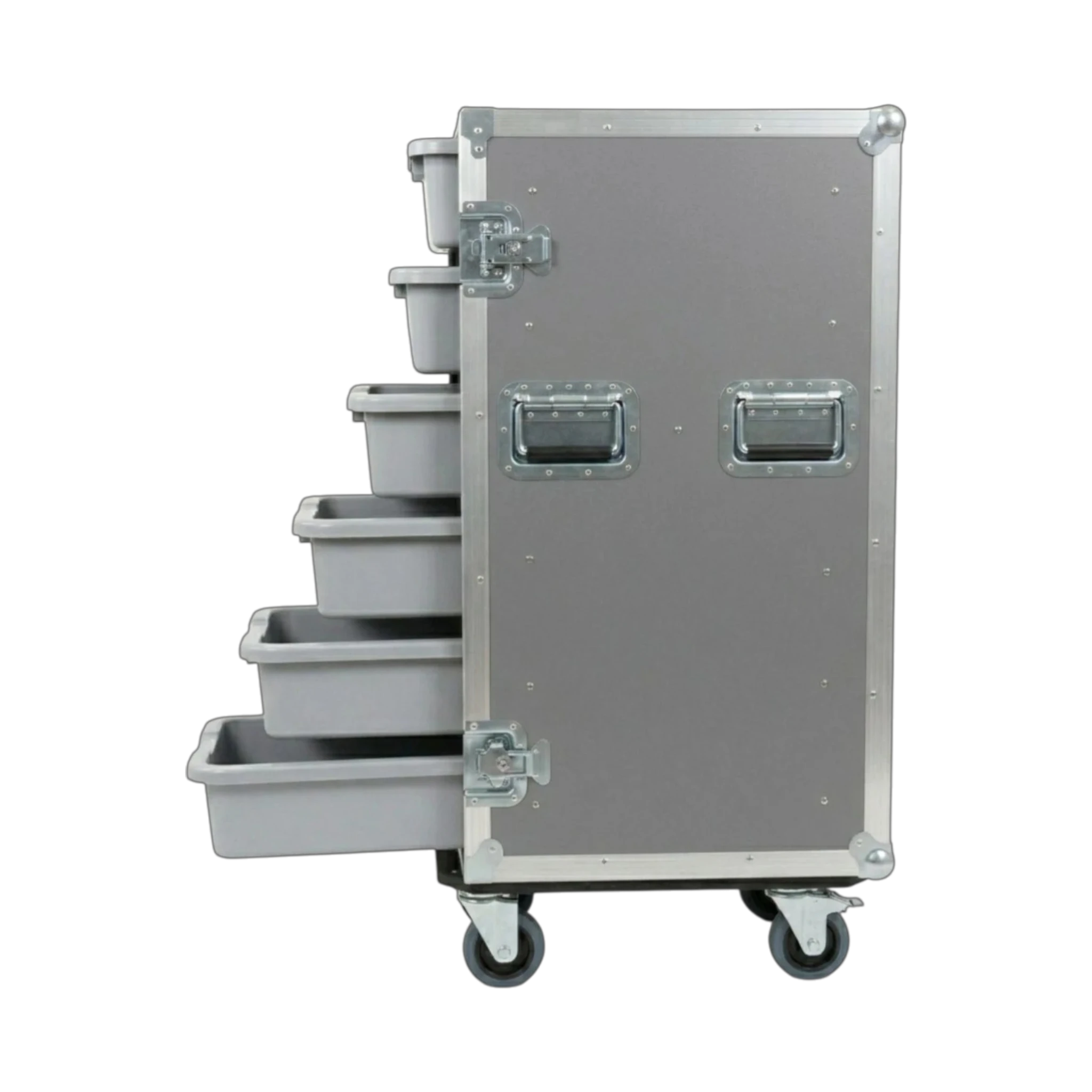 Gray 6 Small Tub Drawer ATA Case 3/8" Ply With Wheels, side view showing open tub drawers