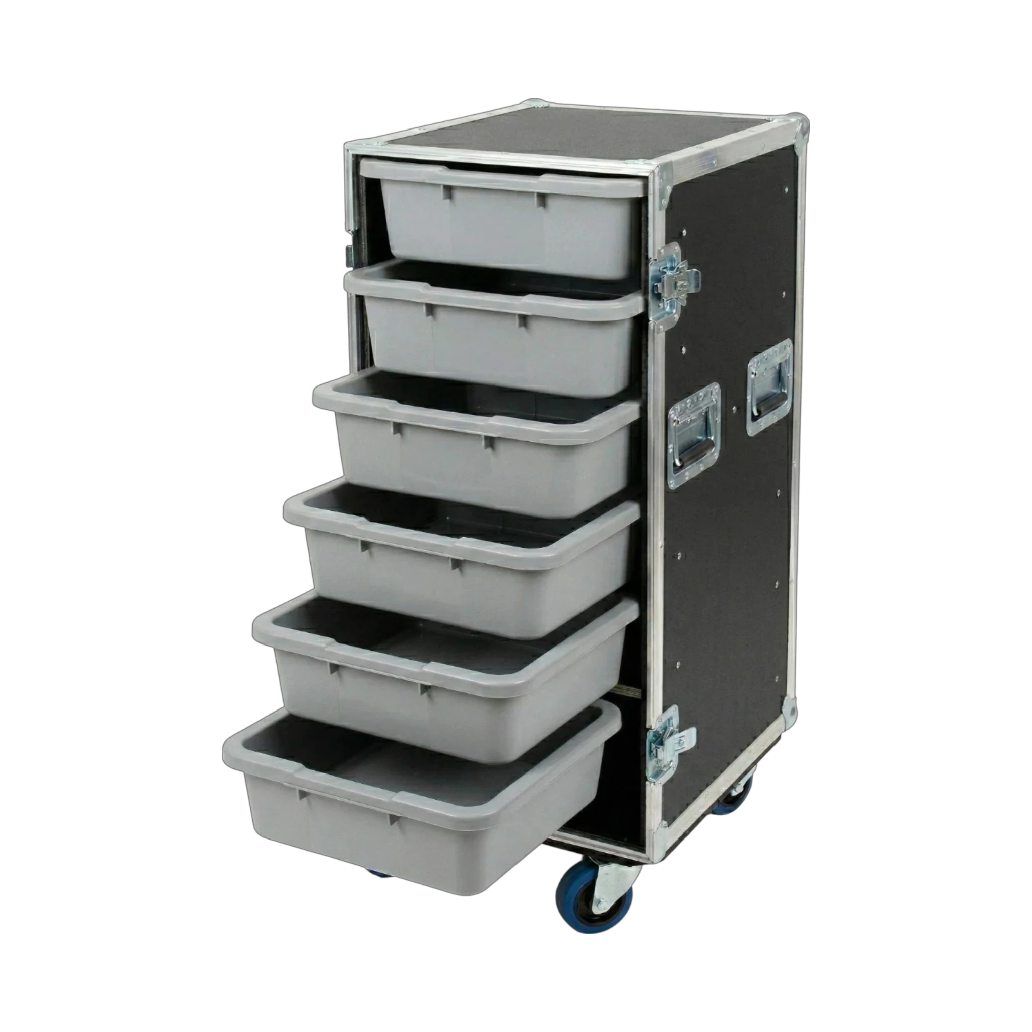 Black 6 Small Tub Drawer ATA Case 3/8" Ply With Lid Table & Wheels, open view showing open tub drawers