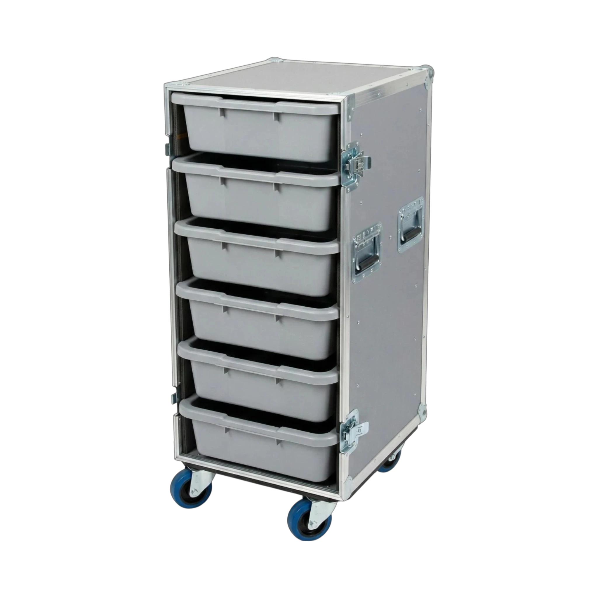 Gray 6 Small Tub Drawer ATA Case 3/8" Ply With Lid Table & Wheels, interior showing tub drawer storage
