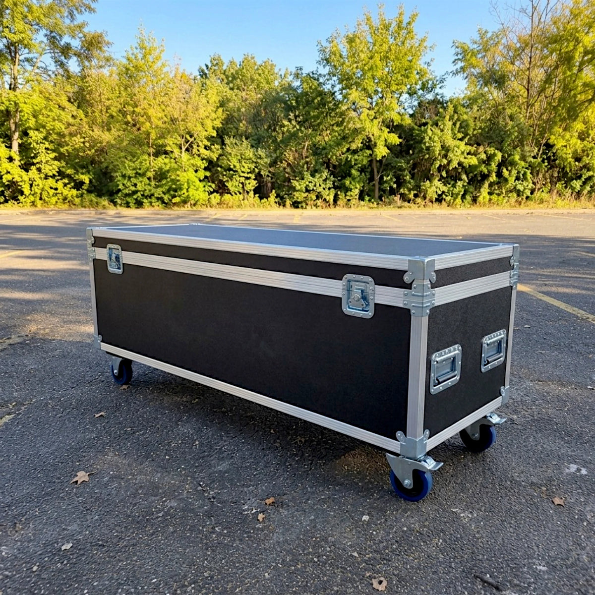 Black extra long ATA cable trunk, closed side view showing corner protectors, recessed handles, and wheels