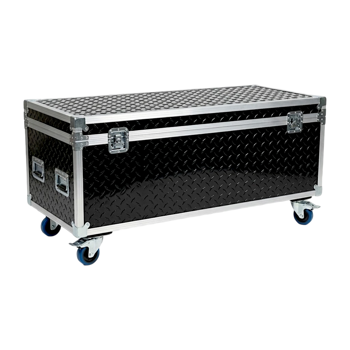 Black diamond plate pattern extra long ATA cable trunk, closed angled view showing latches and blue casters
