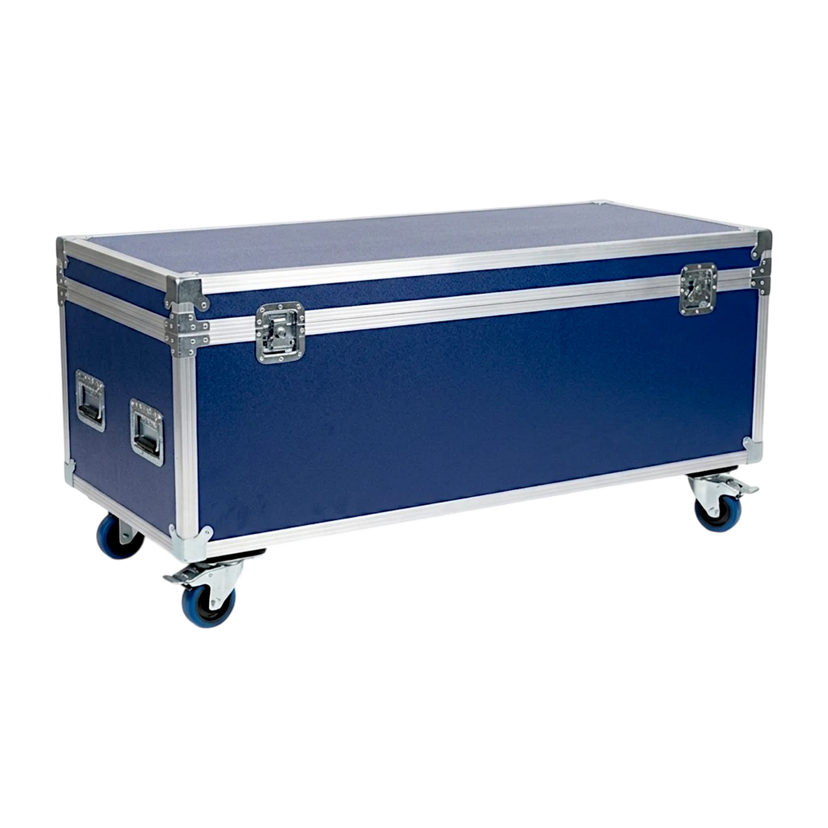 Blue extra long ATA cable trunk, closed angled view showing latches, handles, and blue casters