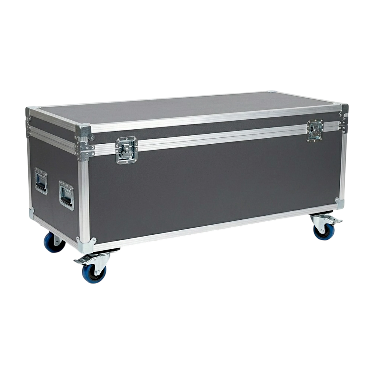 Grey extra long ATA cable trunk, closed angled view showing latches, handles, and blue casters