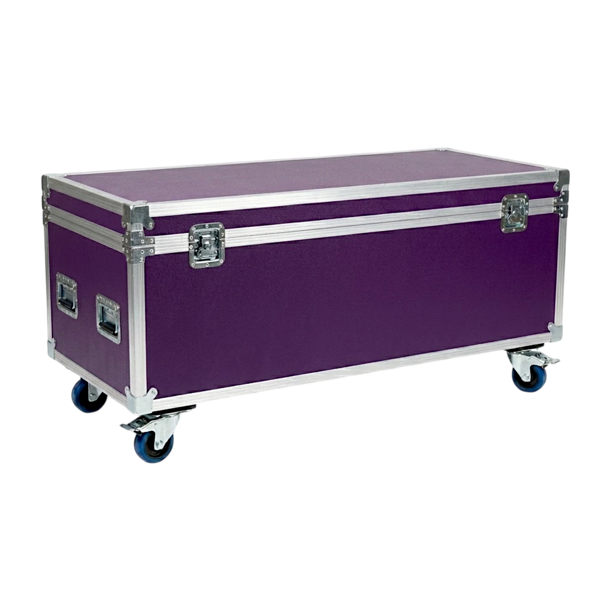 Purple extra long ATA cable trunk, closed angled view showing latches, handles, and blue casters