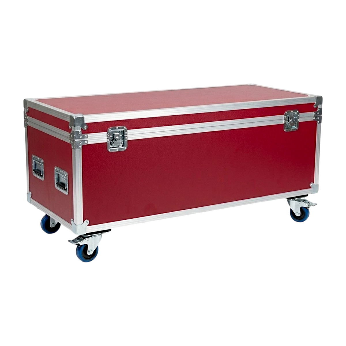 Red extra long ATA cable trunk, closed angled view showing latches, handles, and blue casters