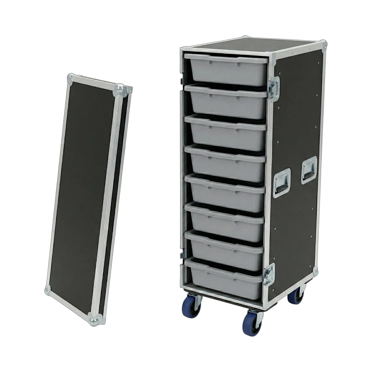 Black 8 Small Tub Drawer ATA Case 3/8" Ply With Wheels, open view showing tub drawers