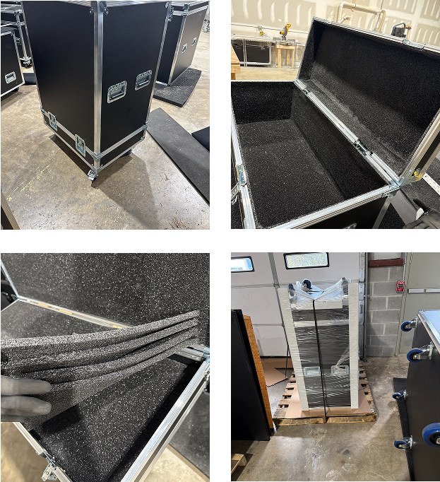 A four-panel collage showing a large black hard-sided equipment or storage case with silver metal edges and heavy-duty foam padding. The panels include a closed exterior view, an open interior view, a close-up of the foam lining, and the case standing upright on a pallet in a warehouse setting.