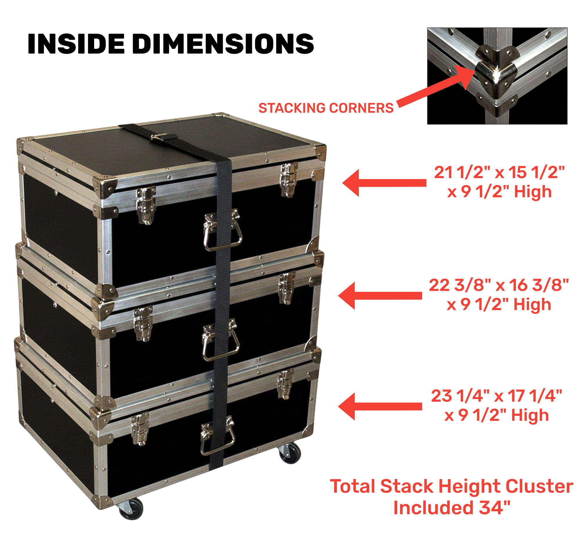 1/4" ATA Triple Accessory Case Rolling Stack – Multi-Color