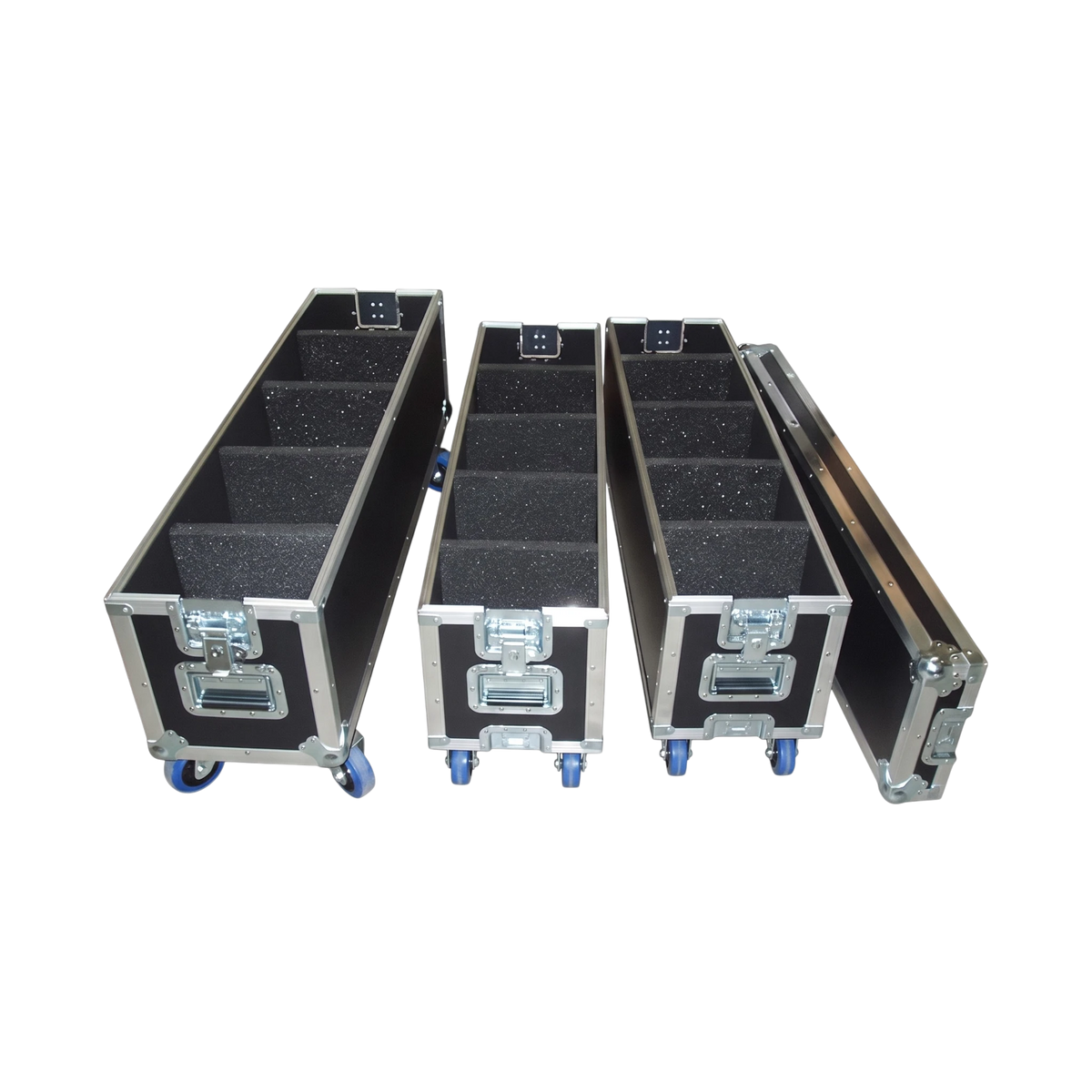 Black triple decker utility case, angled separated view showing three detached sections, foam dividers, lid, and casters