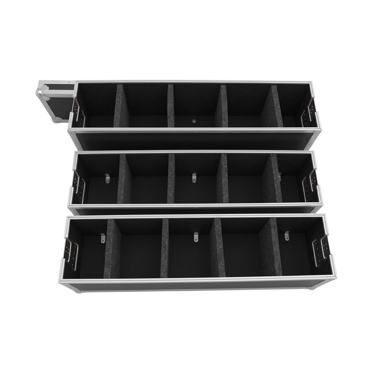 Black triple decker utility case, overhead separated view showing three open sections, foam dividers, and detached lid
