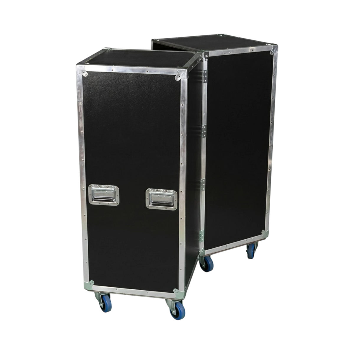 Black utility trunk case, angled closed view showing recessed handles, hinges, and caster wheels