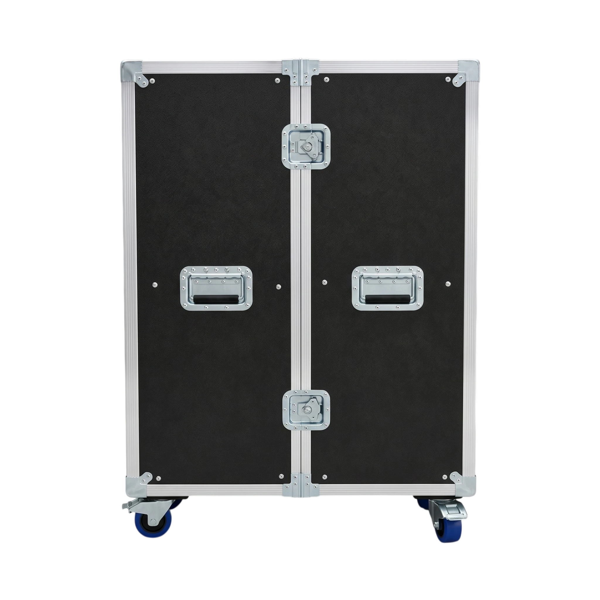 Black dual ATA drawer case, straight front closed view showing recessed handles, latches, and casters