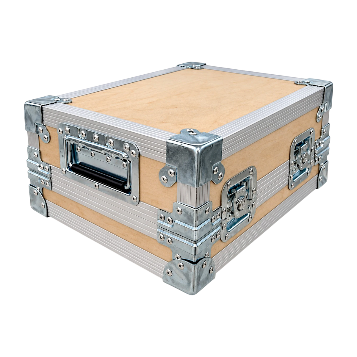 Bare wood custom effect pedal ATA case, closed angled view showing recessed handles, twist latches, and flat corners