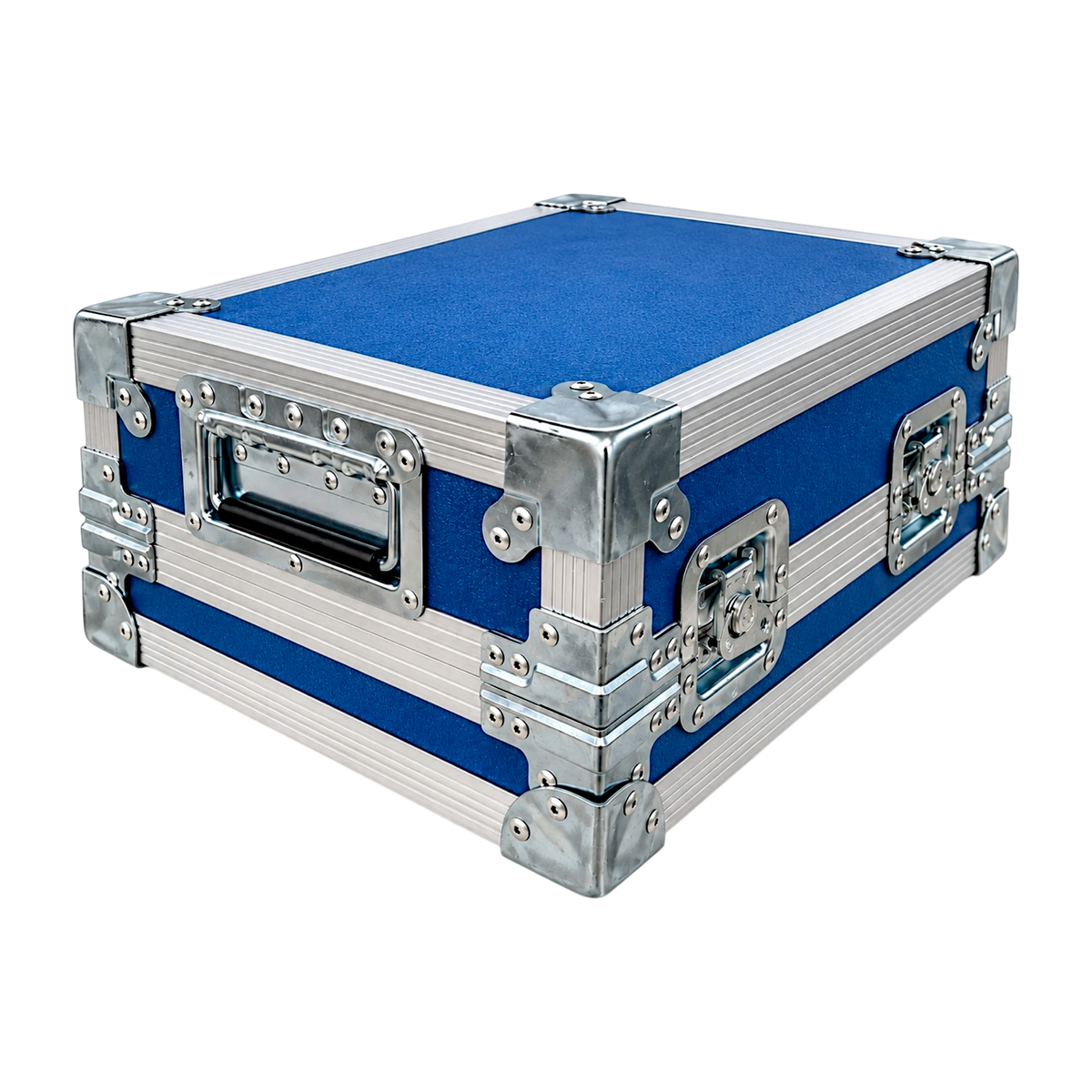 Blue custom effect pedal ATA case, closed angled view showing recessed handles, twist latches, and flat corners
