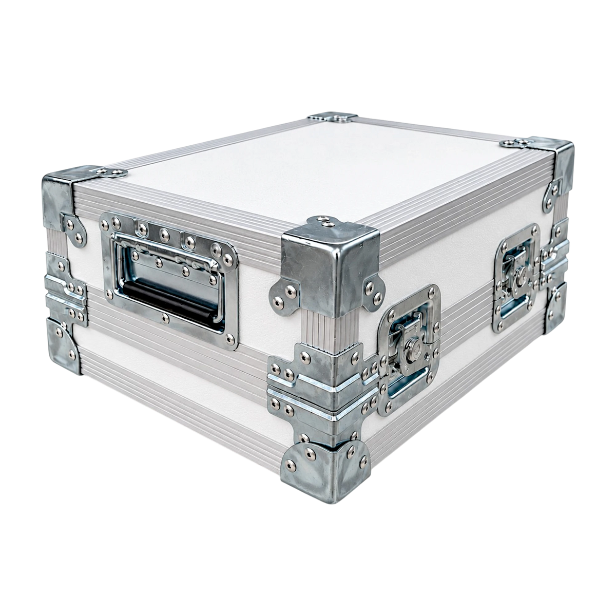 White custom effect pedal ATA case, closed angled view showing recessed handles, twist latches, and flat corners