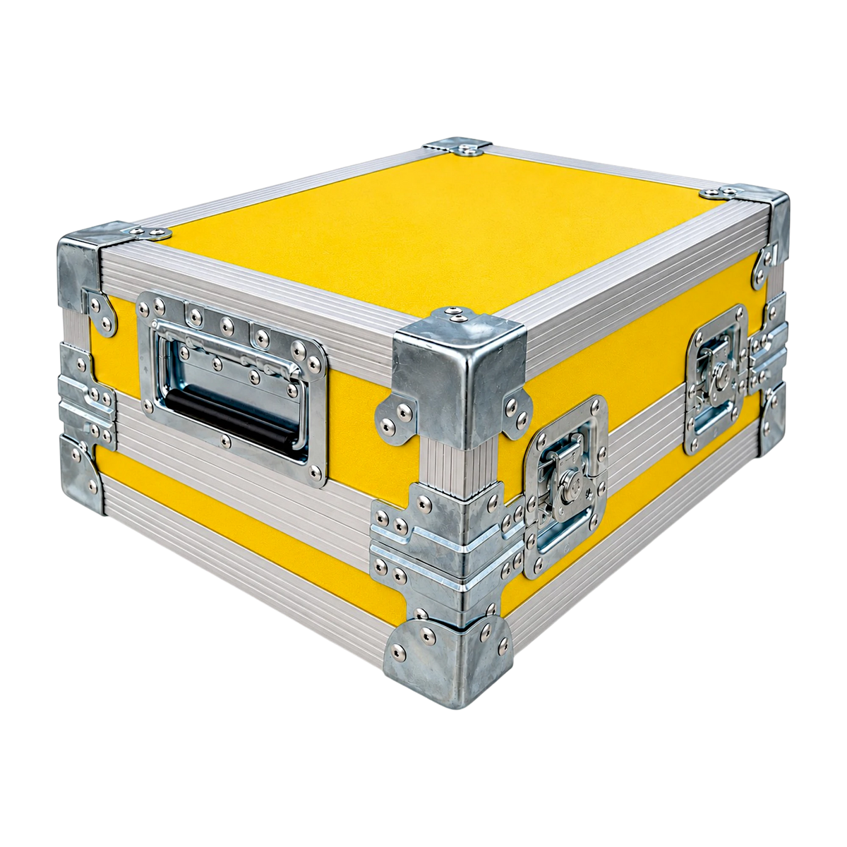 Yellow custom effect pedal ATA case, closed angled view showing recessed handles, twist latches, and flat corners