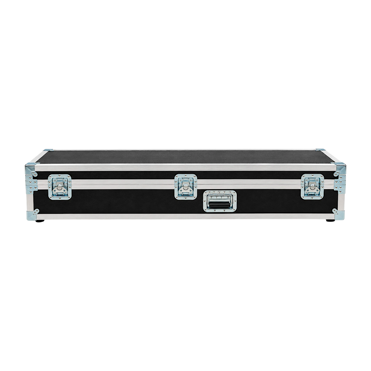 Black custom keyboard ATA case, closed front view showing recessed twist latches, spring handle, and flat corners