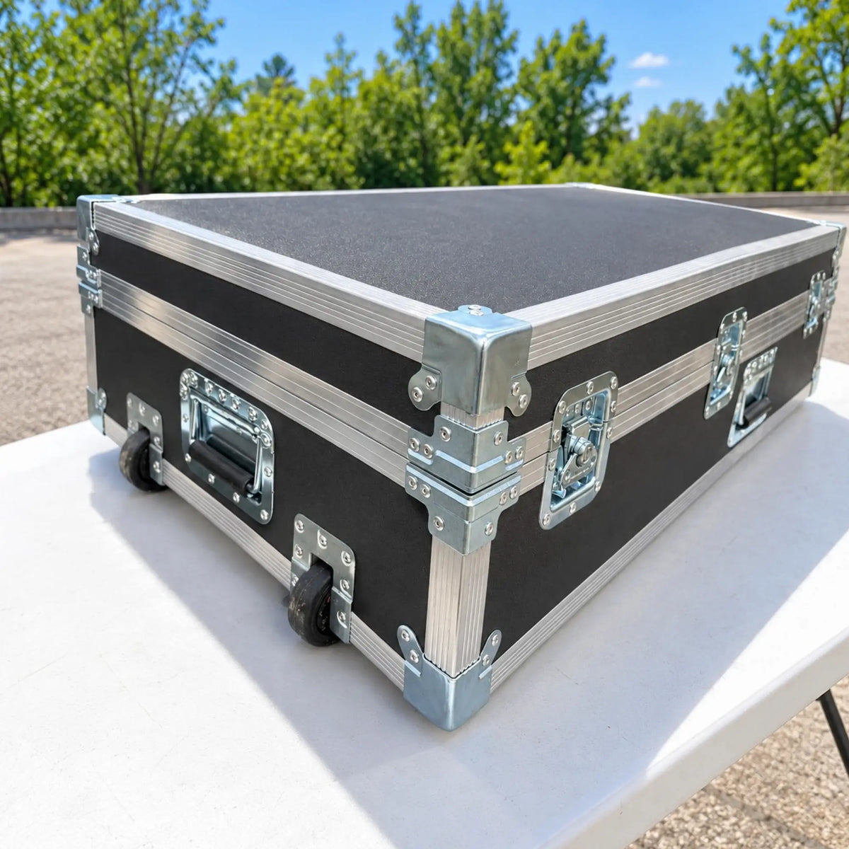 Black custom keyboard ATA case, close-up angled view showing heavy-duty steel ball corners and low-profile dolly wheels