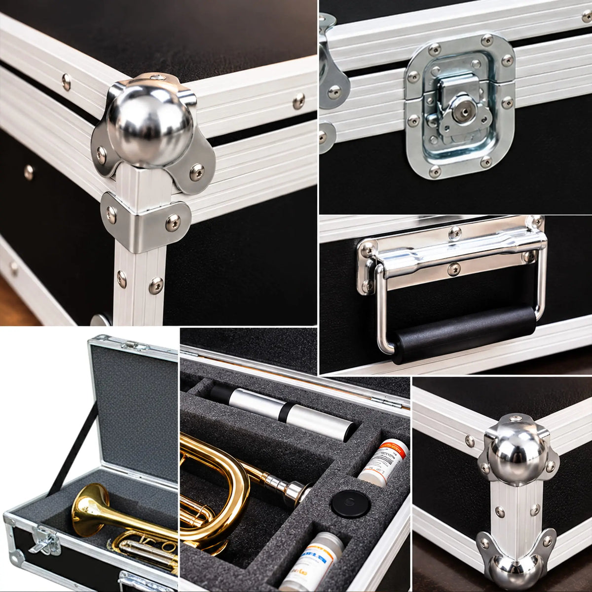 Gladstone trumpet ATA road case, feature collage highlighting ball corners, latches, handle, and foam interior
