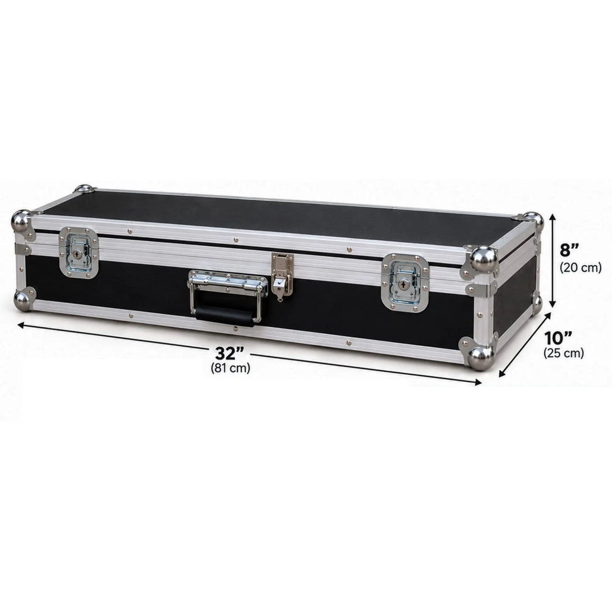 Gladstone trumpet ATA road case, dimensional view showing 32 in length, 10 in width, and 8 in height