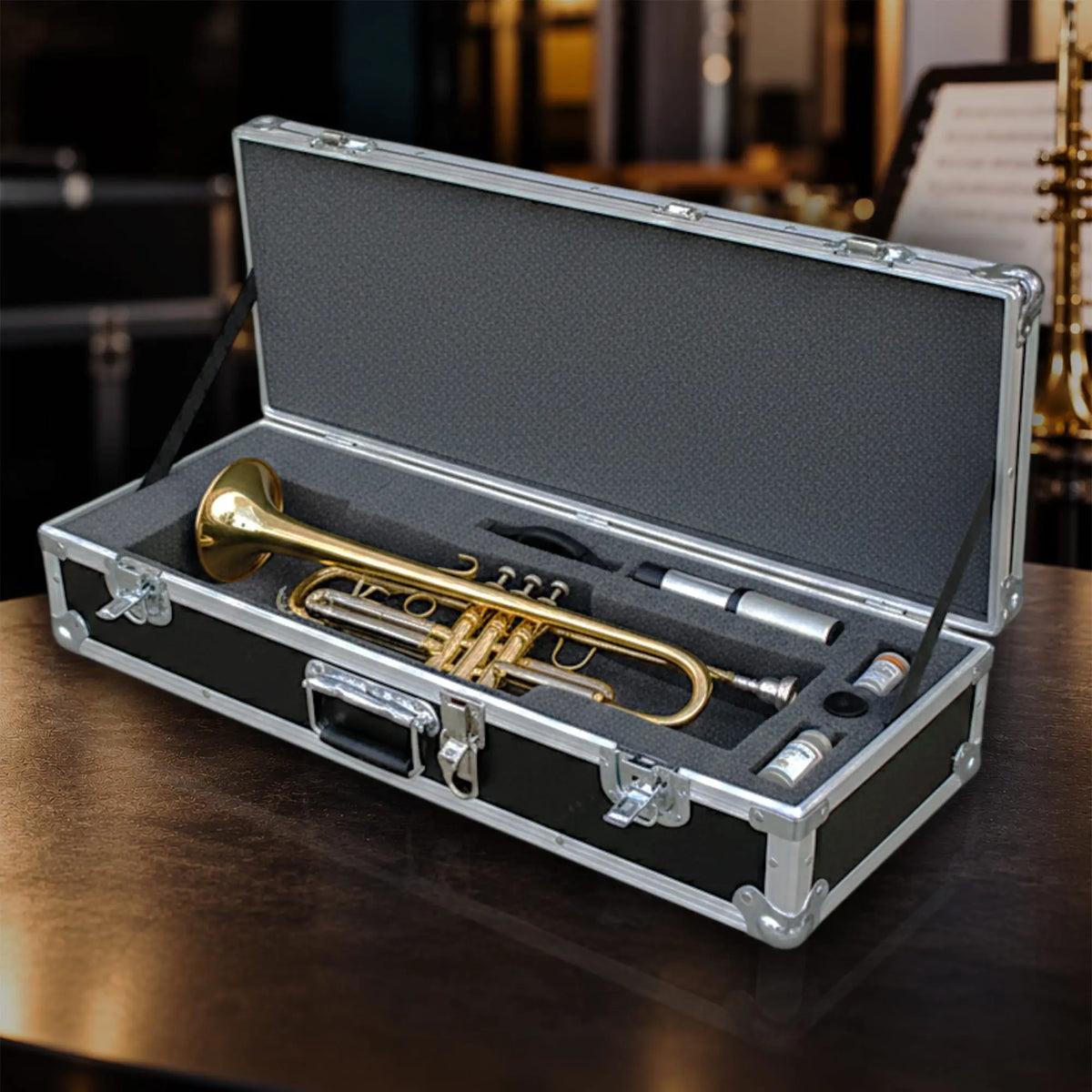 Gladstone trumpet ATA road case, open tabletop view showing trumpet and accessories stored in custom foam